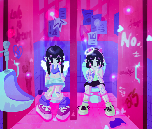 a drawing of two girls peeing on a club bathroom 