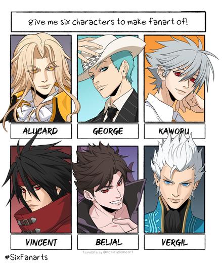 Completed six fanarts challenge with digital portraits of Alucard from Castlevania, George from Paradise Kiss, Kaworu from Neon Genesis Evangelion, Vincent Valentine from Final Fantasy VII, Belial from Granblue Fantasy and Vergil from Devil May Cry.