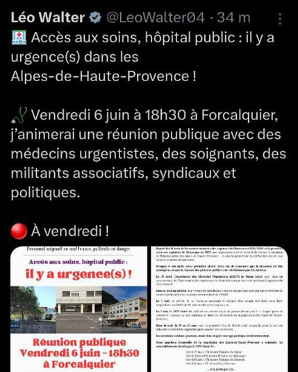 🏥 Accès aux soins, hôpital public : il y a urgence(s) dans les Alpes-de-Haute-Provence !

🩺 Vendredi 6 juin à 18h30 à Forcalquier, j’animerai une réunion publique avec des médecins urgentistes, des soignants, des militants associatifs, syndicaux et politiques.

🔴 À vendredi !