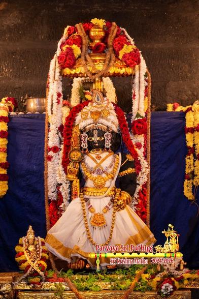 Idol of Hindu deity Krishna dressed in white (gold-yellow border) wearing gold shoes, a crown made of white jasmine flowers, and plenty of gold ornaments (as usual) including a gold waist band. Krishna stands on a gold perch and has a small gold umbrella overhead. 

A thick garland of red roses over the crown flowing on either side of Krishna all the way down past his waist. A thicker but shorter string of red roses (along with some yellow flowers) over the umbrella. Also, two strands of white flowers flow down from the umbrella on either side of Krishna up to his waist.

Blue cloth background with a string of yellow flowers (with some red roses) on the outer edges of the background.