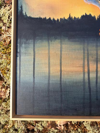 Detail of the painting. Paint drips down in the lake part of the scenery making some abstract shapes out of water and paint.