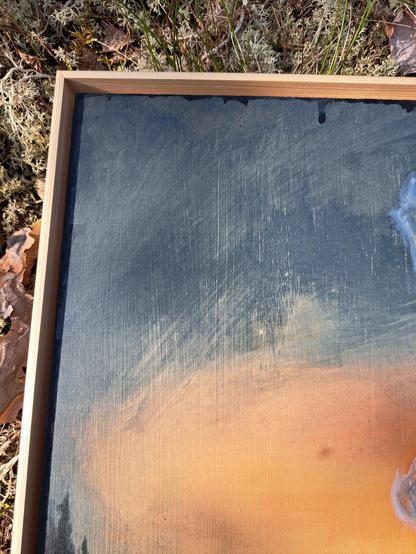 More detail of the painting's textured surface. The plywood texture shines through the thin layers of paint in some parts of the painting.