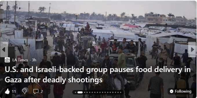 Article screenshot: LA Times

U.S. and Israeli-backed group pauses food delivery in Gaza after deadly shootings

Story by Wafaa Shurafa