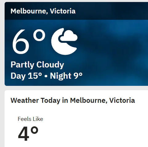 Melbourne, Victoria current weather at 6.52am on 5.6.2025
6 degrees C partly cloudy
Feels like 4 degrees C