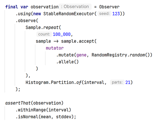 Testing statistical property of Gaussian mutator.