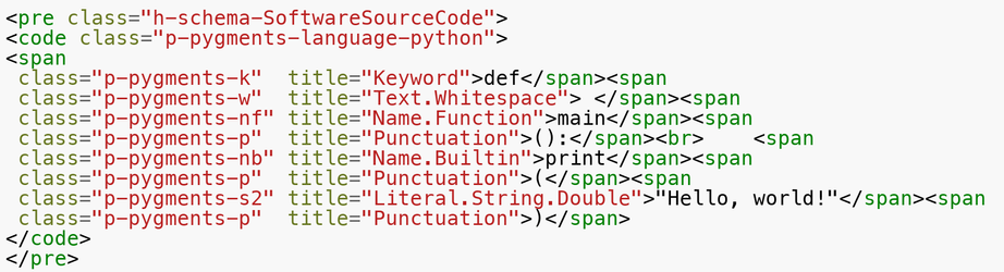 A small Python source code block highlighted by Pygments with css classes prefix-ed by microformats-like classes