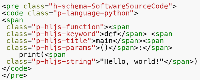 A small Python source code block highlighted by highlight.js with css classes prefix-ed by microformats-like classes