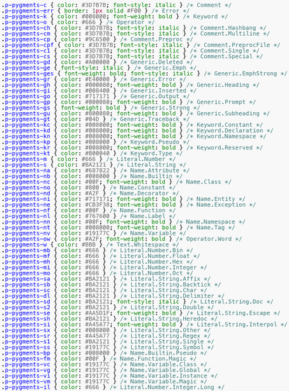 Pygments default css style with prefix p-pygments-