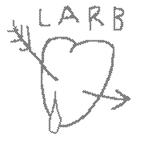a heart with an arrow and a single drop of blood is rendered in a simple pixelly drawing app. the word LARB is written above.