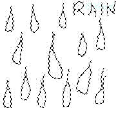 multiple teardrop shapes are rendered in a simple pixelly drawing app. the word RAIN is written above