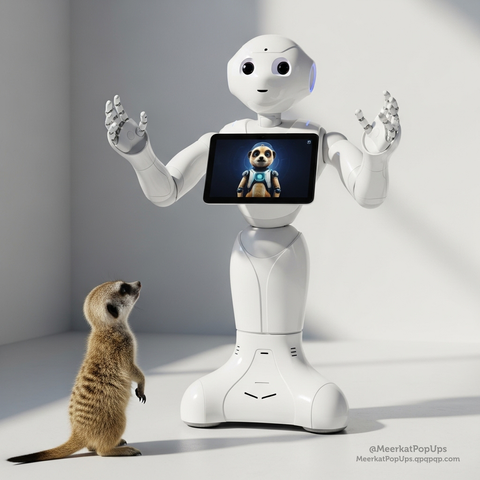 これはAI生成画像です。画像には、白いボディのPepperロボットと、その前に立つミーアキャットが描かれています。Pepperロボットの胸のタブレットスクリーンには、アニメ風のミーアキャットのキャラクターが表示されています。背景はシンプルな白い壁と床で構成されています。
This is an AI-generated image. The image depicts a white-bodied Pepper robot standing in front of a meerkat. The tablet screen on the Pepper robot's chest displays an animated meerkat character. The background consists of simple white walls and a floor.