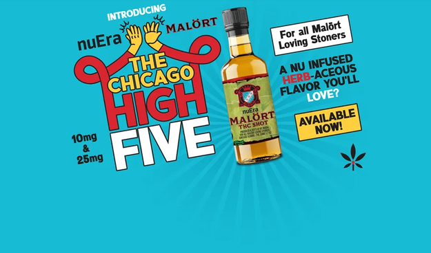 An Illinois based dispensary, nuEra, teams up with the makers of one of Chicago's "finest" to bring you: THC-infused Malört! Image text: "Introducing nuEra x Malört. The Chicago High Five. 10mg & 25mg. For all Malört Loving Stoners. A Nu Infused Herb-aceous Flavor You'll Love? Available Now!"