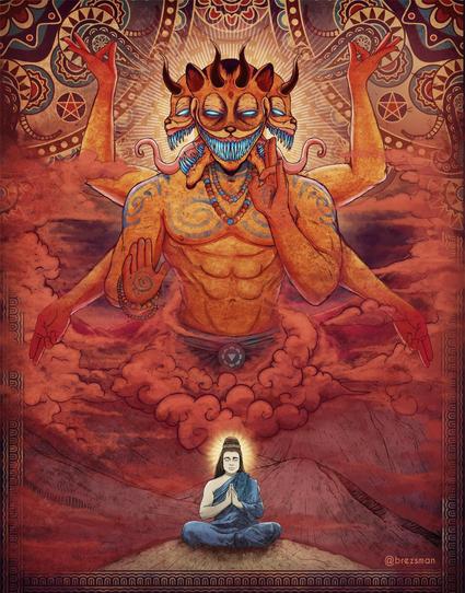 a holy monk trying to reach enlightenment on the mountain is tormented by a hideous orange cat-like demon

credit: 

https://www.reddit.com/r/imsorryjon/comments/i6iyuw/maha_garfield_the_bodhisattva_jon/