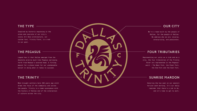 Behind the Dallas Trinity FC Crest

The Type - Inspired by historic engraving in the stone and concrete of our city's iconic Art Deco architecture, our custom font, Trinity Flare, is a nod to our past. 

The Pegasus - Legend has it that Dallas emerged from the desolate prairie much like Pegasus springing forth from Medusa's severed head. A fitting mascot for a place known for our unshakeable belief in doing what it takes to succeed. 

The Trinity - What brought settlers here 200 years ago still draws the focus of the community and unites the people. Trinity is a name synonymous with the history of Dallas and of the interaction of culture across the city. 

Our City - We're a team built by the people of Dallas, for the people of Dallas. We embrace who we are: diverse, enterprising, and passionate. 

Four Tributaries - Representing our unity as a club and as a city, the four tributaries of the Trinity River are represented in the Pegasus' swirl - The West Fork, the Clear Fork, the Elm Fork and the East Fork. 

Sunrise Maroon - Honoring the hue seen on our eastern horizon each morning. It's our daily reminder that there's a job to do and it's time to get to work. 
