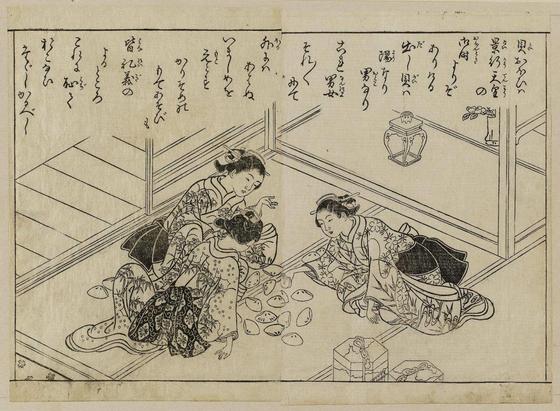 Picture of women playing kai-awase.

Image thanks - https://ukiyo-e.org/