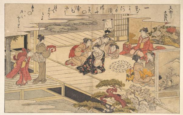 Picture of women playing kai-awase.

Image thanks - https://ukiyo-e.org/