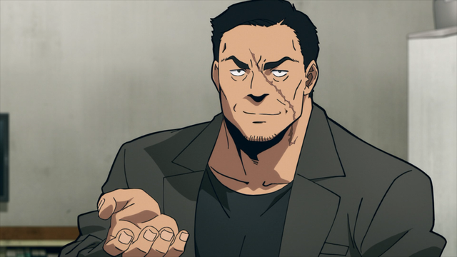 Takeshi “Knuckleduster” Kuroiwa from the anime series My Hero Academia: Vigilantes Episode 9.