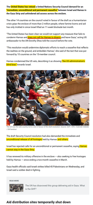The United States has vetoed a United Nations Security Council demand for an "immediate, unconditional and permanent ceasefire" between Israel and Hamas in the Gaza Strip and unhindered aid access across the enclave.

The other 14 countries on the council voted in favour of the draft as a humanitarian crisis grips the enclave of more than 2 million people, where famine looms and aid has only trickled in since Israel lifted an 11-week blockade last month.

"The United States has been clear we would not support any measure that fails to condemn Hamas and does not call for Hamas to disarm and leave Gaza," acting US ambassador to the UN Dorothy Shea told the council before the vote.

Advertisement
"This resolution would undermine diplomatic efforts to reach a ceasefire that reflects the realities on the ground, and embolden Hamas," she said of the text that was put forward by 10 countries on the 15-member council.

Hamas condemned the US veto, describing it as showing "the US administration's blind bias" towards Israel.
