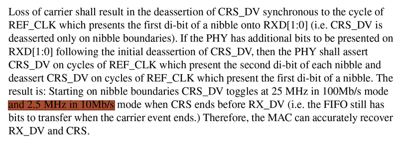 Loss of carrier shall result in the deassertion of CRS_DV synchronous to the cycle of
REF_CLK which presents the first di-bit of a nibble onto RXD[1:0] (i.e. CRS_DV is
deasserted only on nibble boundaries). If the PHY has additional bits to be presented on
RXD[1:0] following the initial deassertion of CRS_DV, then the PHY shall assert
CRS_DV on cycles of REF_CLK which present the second di-bit of each nibble and
deassert CRS_DV on cycles of REF_CLK which present the first di-bit of a nibble. Th…