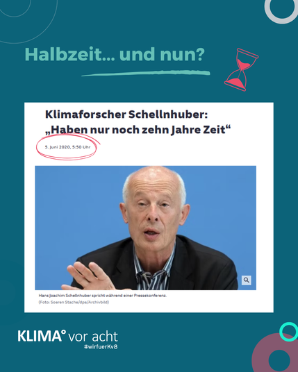 Überschrift: "Halbzeit... und nun?" Darunter ein Ausschnitt aus einem Zeitungsartikel.
Bild von Hans Joachim Schellnhuber unter der Überschrift: Klimaforscher Schellnhuber: "Haben noch zehn Jahre Zeit"