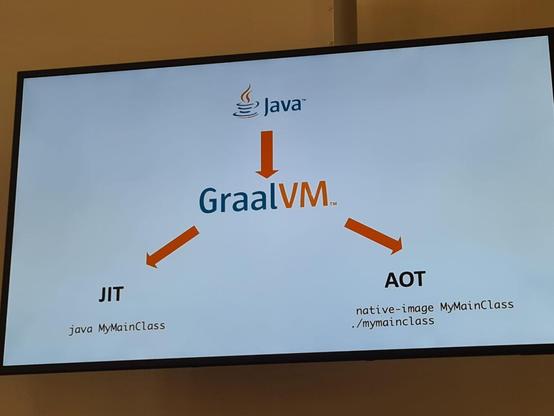 A photo of a screen showing a slide from Thomas Wuerthinger's keynote on "What We Tried and Didn't Work for GraalVM". There are four parts connected by arrows. At the top of the slide is a Java logo. In the middle is the GraalVM logo. An arrow goes from Java to GraalVM. The bottom left says "JIT java MyMainClass". There is an arrow from GraalVM to the bottom left text. The bottom right says "AOT native-image MyMainClass ./mymainclass". There is also an arrow from GraalVM to the bottom right text.