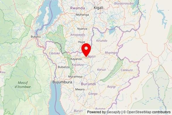 A map showing the area of Ngozi with a pin at the position of Cathedrale de Ngozi, RN 6, Ngozi, Burundi