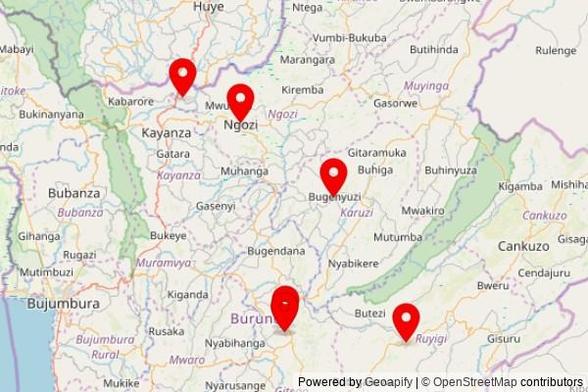 A map showing every place of worship we have visited so far in Burundi including:
Cathedrale de Ngozi in Ngozi
Isengero in Mparamirundi
Paroisse Saint Sacrément de Rukundo in Gitega
Cathédrale du Christ-Roi in Gitega
Cathédrale du Christ-Roi in Gitega
Isengero in Bugenyuzi
Évêque catholique in Ruyigi