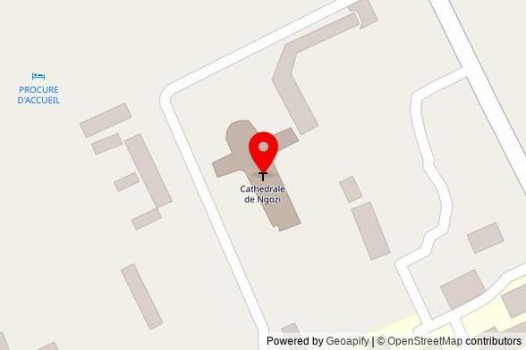 A zoomed out map with a pin at the position of Cathedrale de Ngozi, RN 6, Ngozi, Burundi