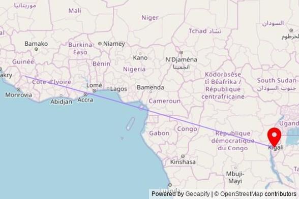 A map showing the great circle route from Voinjama in Liberia to a map pin at Cathedrale de Ngozi, RN 6, Ngozi, Burundi