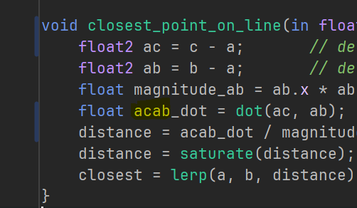a screenshot of code involving math with the points a, b, and c. 
at one point i calculate the ACAB dot product. 