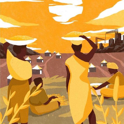 Illustration colorée montrant des femmes travaillant aux champs face à un ciel orange et regardant des sites extractivistes au loin
