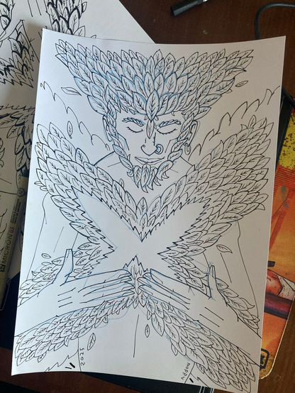 A line art drawing of Wayne Static looking peaceful down at his hands. The letter X glows and emanates petal leafs. 