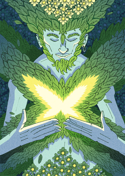 The same piece but then fully vividly coloured. Peaceful greens and blues are the leafs. The X energy shape a vibrant natural yellow. Some of its glow reflects on Wayne's pale blue face and hands.