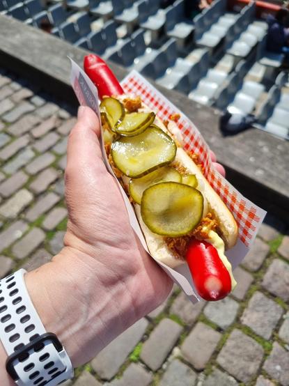 Ein Hotdog mit knallrotem Würstchen, Röstzwiebeln und Gurkenscheibchen in meiner Hand. im Hintergrund ist unscharf Kopfsteinpflaster und eine Barkasse zu erkennen.