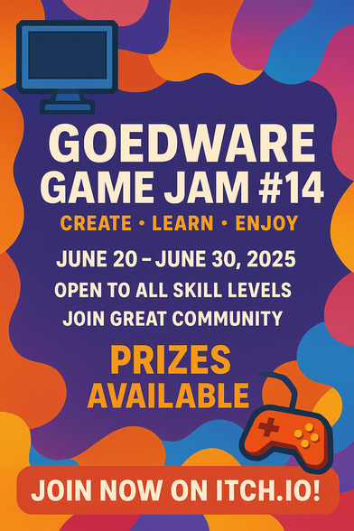 Join the gamedev fun now! The 14th Edition of the GoedWare Game Jam starts June 20th, 2025. Sign up to join us at itch.io