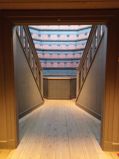 Entrance to an anatomical theatre. Beyond the door is an enclosed table in the middle, the table itself not visible, only the fence. Steep stairs to each side, only the wooden rails visible, not the steps. Five rows of stands for the audience.