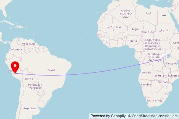 A map showing the great circle route from Ngozi in Burundi to a map pin at Templo de Santo Domingo, Jirón Bellido, Ayacucho 05003, Peru