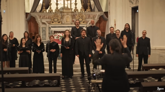 Choir for the recording of the song in a church.