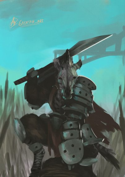 digital illustration of an anthropomorphic zebra, wearing gladiatorial fantasy armor and holding a sword, kneeling on a wooden log in the middle of a field while looking towards the camera. The armour is quite simle/not ornate, and has some black studs on it. The sword that's being held mounted on their right shoulder also appears to be very plain. The tail and a torn cape are flowing with the wind.