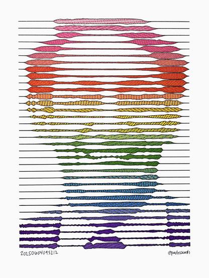 An abstract portrait of Harvey Milk comprised of 34 horizontal lines that modulate thicker or thinner based on the portrait and are one shade of a rainbow continuous outlined in black. The shading is from cross hatching of pen strokes of cyan, yellow, and magenta inks.
