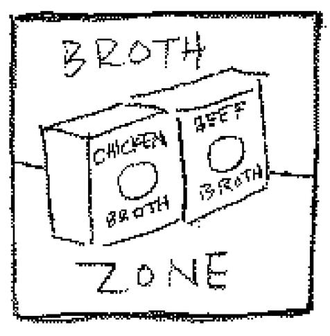 a pixelly black and white doodle showing 2 boxes of broth perfectly aligned, with the label ‘broth zone’