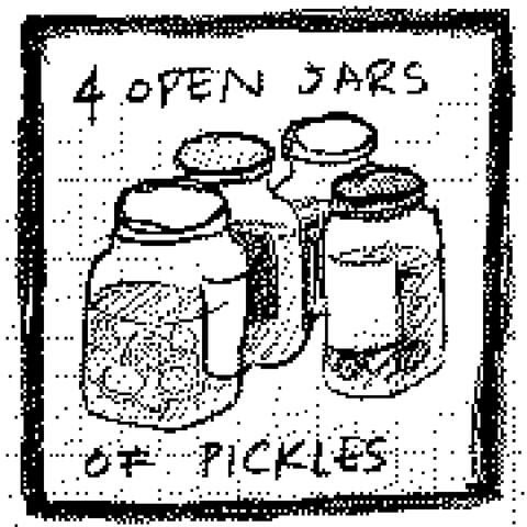 a pixelly black and white doodle showing 4 opened jars of pickles
