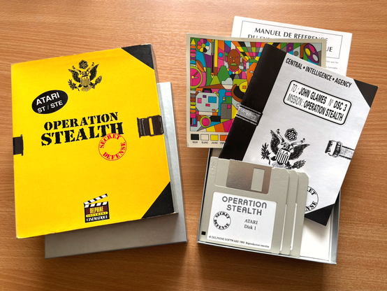 Contents of Operation Stealth box: manual, reference card, three floppies (Atari ST) and copy protection. 
