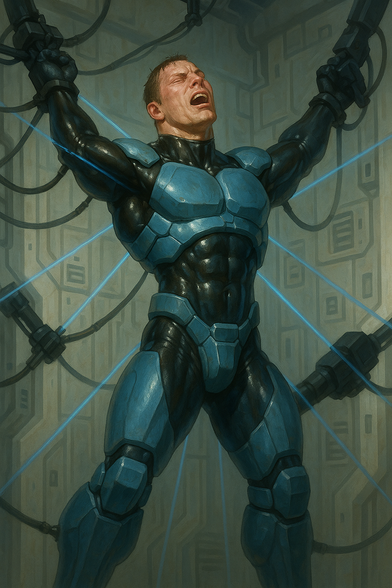 AI-generated image in a digital painting style, of a man restrained in a high-tech chamber, in shiny form-fitting armor, strained ecstasy on his face