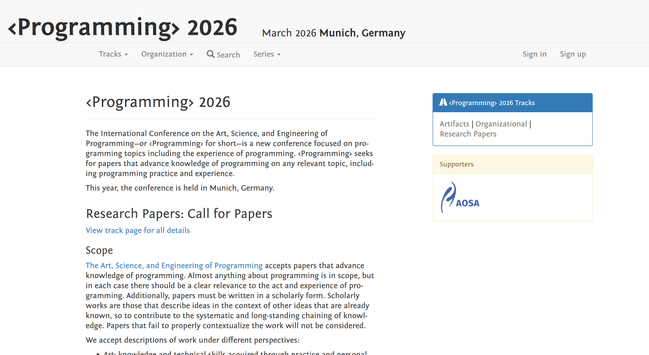 A screenshot of the <Programming> 2026 website. It is very empty because this was just announced, but it is displayed that the conference will take place in March in Munich.