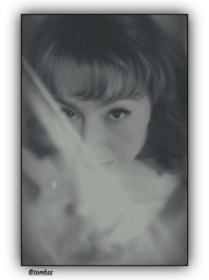 A monochromatic vintage-style portrait of a young woman. Her intense gaze draws attention, while the slightly high-angle shot adds depth and drama. Part of her face, including her lips, is gently veiled by a translucent fabric, giving the image an air of mystery. Her hair is medium-length, wavy, styled into loose curls that gracefully fall over her shoulders, enhancing the retro aesthetic of the photograph.