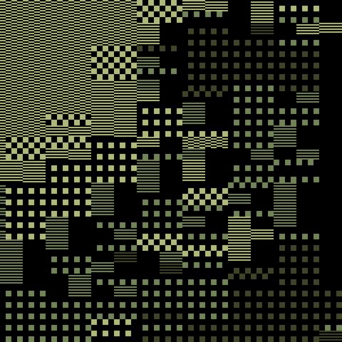 An abstract image consisting of light and dark green areas of checkerboards horizontal lines of varying density. The image is low resolution and heavily pixelated.