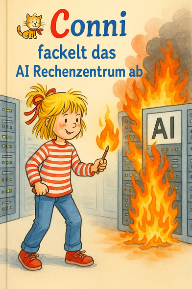 **TL;DR:** Parody cover of a Conni children's book shows her burning down an AI data center with a match.

**Extracted text:**
*Conni fackelt das AI Rechenzentrum ab*

**Description:**
This image mimics the style of a German "Conni" children's book cover. It shows Conni, a cartoon girl with blonde hair tied in a red bow, smiling while holding a lit match. She stands in a server room, and one of the server racks labeled "AI" is engulfed in flames and smoke. The illustration is colorful and cheerful in tone, despite the destructive act. A small cartoon cat appears above the title. The title translates to "Conni burns down the AI data center," making this a satirical or meme version of a typical Conni story.
