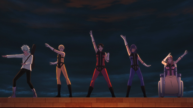 Personagens Chidori, Shinya Kiritani, Sousei Akabane, Keisuke Souma e Sesera Sakurama do anime Go! Go! Loser Ranger (Sentai Daishikkaku) em pose no cenário noturno.