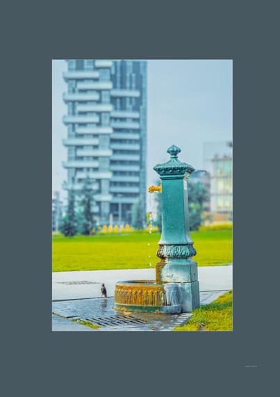 A small starling with one leg tucked up stands near a modern urban fountain, where water cascades vertically from a slim spout. The fountain is surrounded by geometric paving and blurred buildings in the distance. The scene feels still and contemplative, as if the bird is pausing to watch rain fall from the ground up.